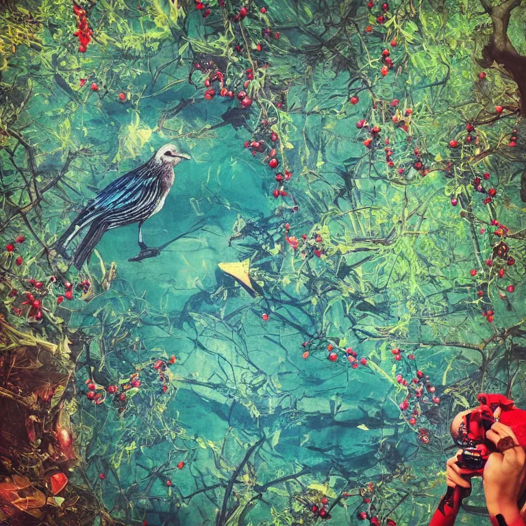 Image similar to human with the sea and the forest inside, veins diverge through the body like rivers filmed on a satellite, a person is decorated with wild berries, a beautiful bird is looking at him next, colorful picture