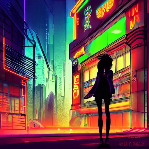 Prompt: woman lost in a city at night, neon lights, awesome, digital art, anime