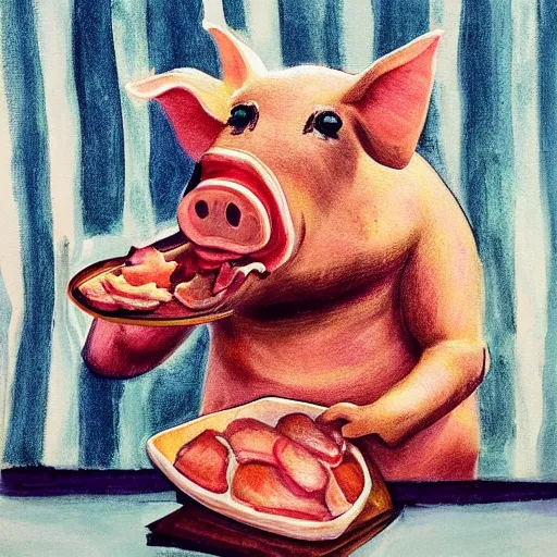 Image similar to a pig eating a rasher of bacon. detailed, realistic,