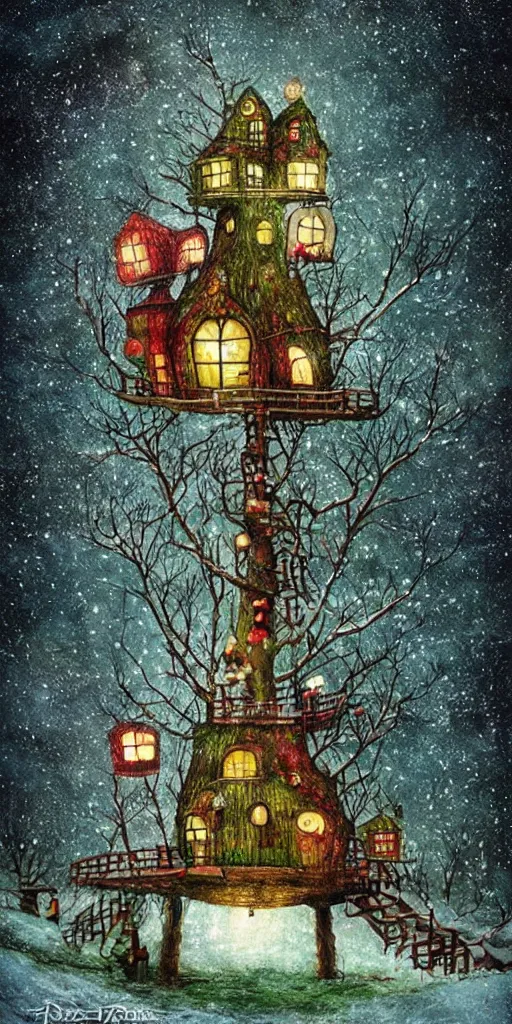 Prompt: a christmas tree house by alexander jansson