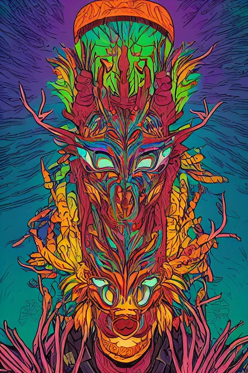 Image similar to animal mask totem roots flower tribal feather gemstone plant wood rock shaman vodoo video game vector cutout illustration vivid multicolor borderlands comics by josan gonzales and dan mumford radiating a glowing aura