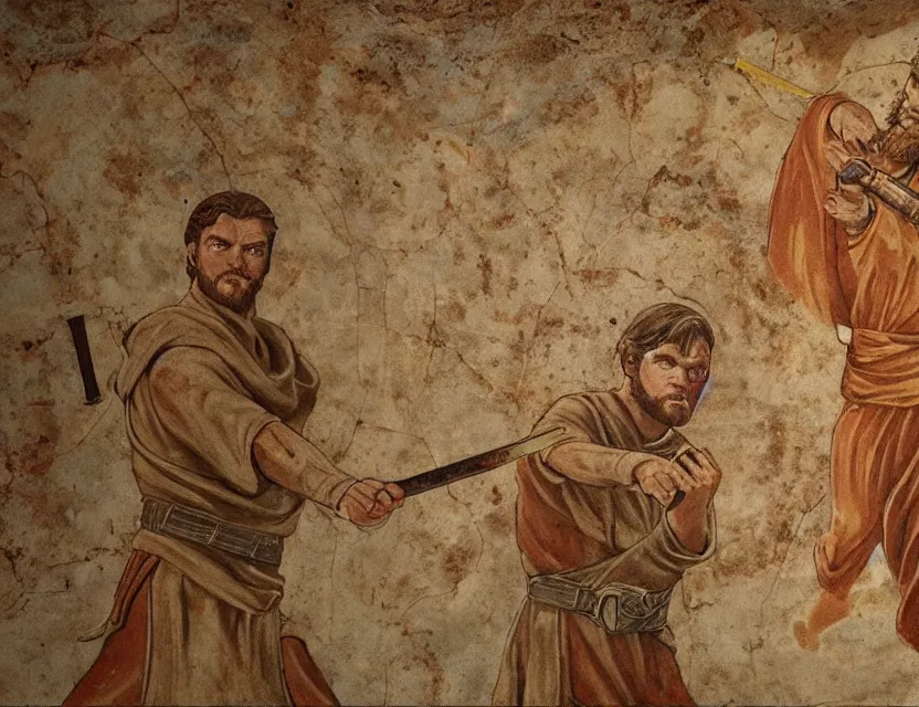 Image similar to ancient roman fresco depicting obi - wan kenobi and anakin's duel on mustafar