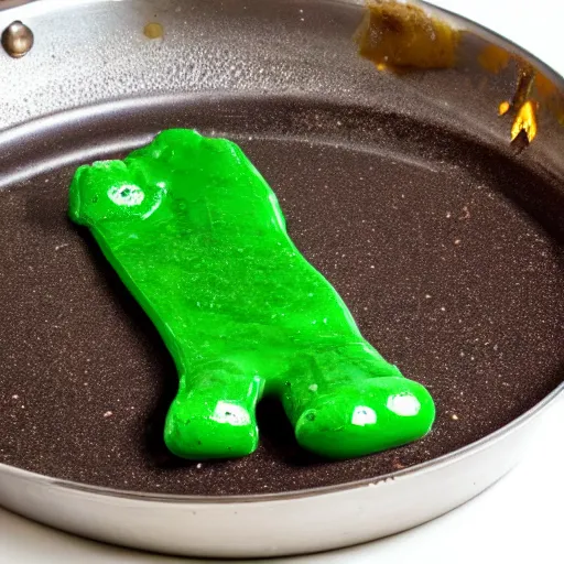 Prompt: photo of Gumby being melted in a pan of hot oil