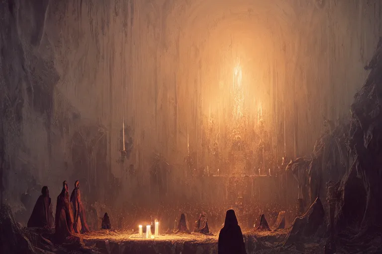 Prompt: people from cult worshipping demons, lit by candles, abandoned by gods, hyperdetailed artstation cgsociety by greg rutkowski and by Gustave Dore