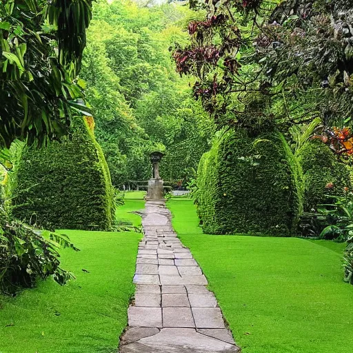 Prompt: the grounds are lush and green, with flowers and trees dotting the lawns. a path leads from the castle gates, through the grounds and into the jungle beyond