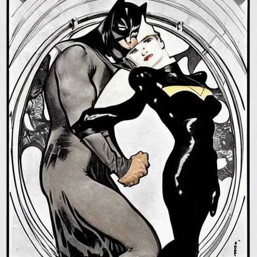 Image similar to portrait of catwoman and batman by Alphonse Mucha