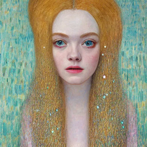 Prompt: Painting of Elle Fanning in orange tornado, long blonde hair, delicate, pale milky white porcelain skin, by Klimt. 8K. Extremely detailed.