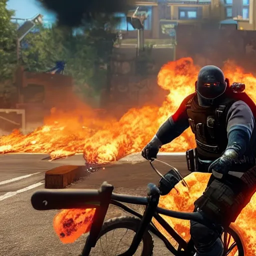 Image similar to Montagne from Rainbow Six Siege riding a bike leaving behind a trail of flames and explosions