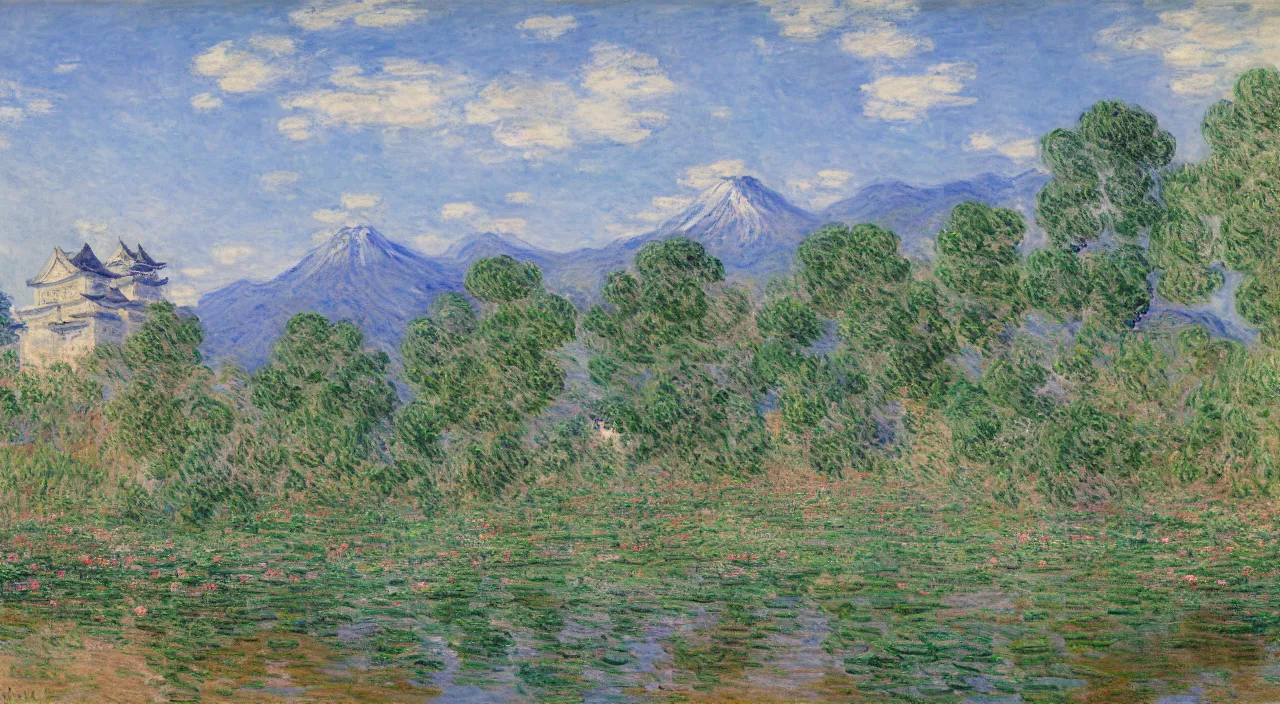 Prompt: a painting of a Japanese castle, with a garden as foreground, with mountains as background, by Claude Monet