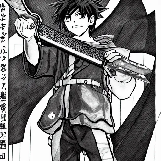 Image similar to young anime hero with a sword, illustrated by studio ghibili, manga, black and white illustration