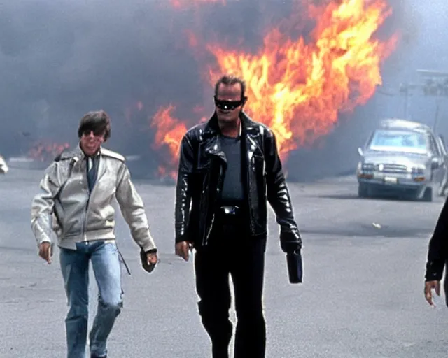 Prompt: Jack Nicholson plays Terminator wearing leather jacket and his endoskeleton is visible, walking out of flames