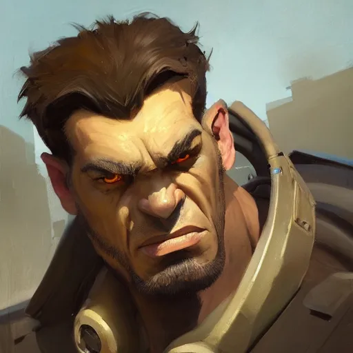 Image similar to greg manchess close - up portrait painting of a handsome older male dieselpunk orc with olive green skin as an overwatch character, medium shot, asymmetrical, profile picture, organic painting, sunny day, matte painting, bold shapes, hard edges, street art, trending on artstation, by huang guangjian and gil elvgren and sachin teng