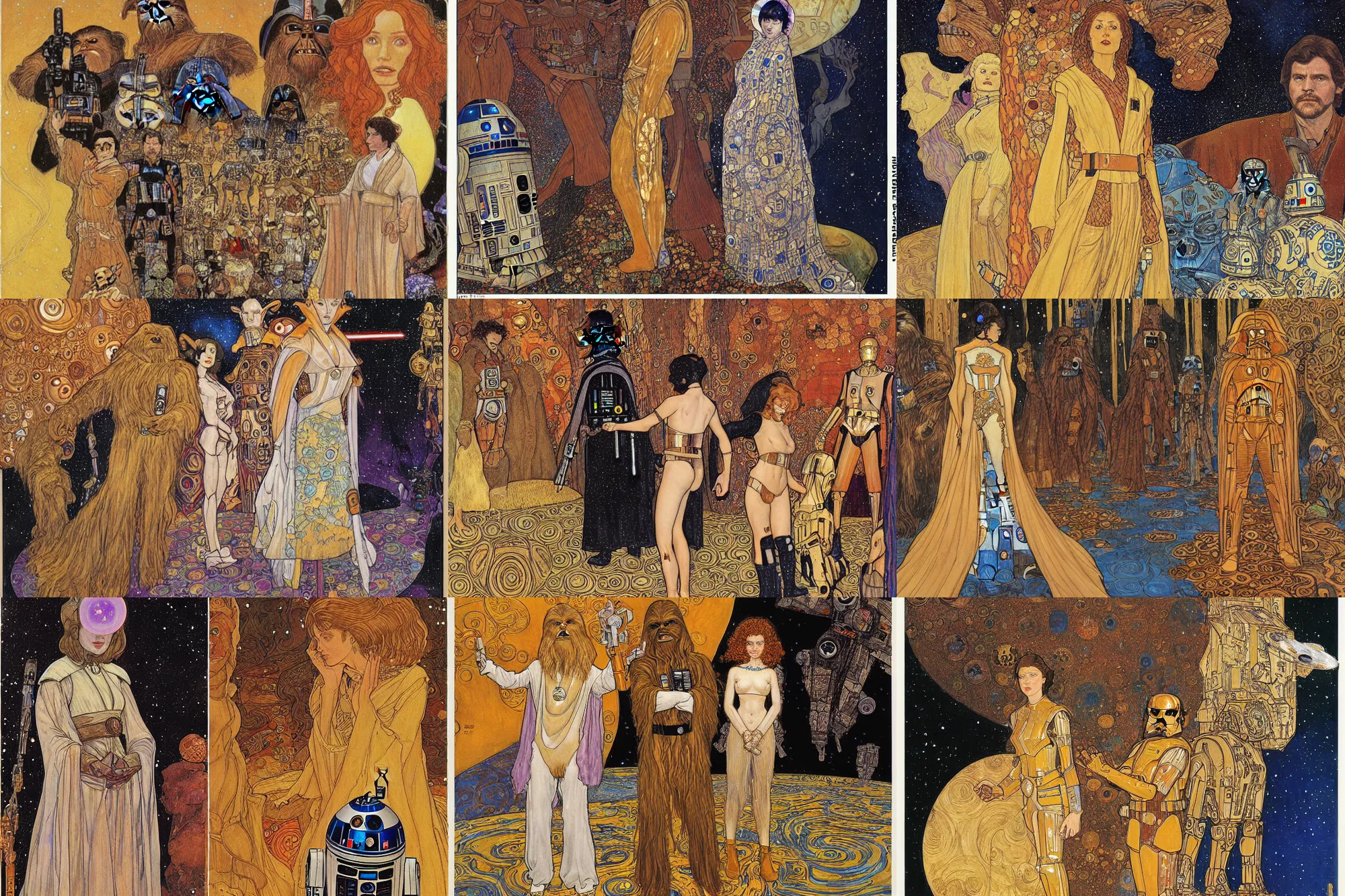 Prompt: star wars, painting by ivan bilibin and micheal kaluta and klimt