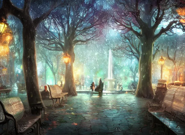 Image similar to a magical mystical fantasy fae garden full of benches, a fountain, and a tree of life. Atmospheric lighting, romantic, cold lighting, snowy. By Makoto Shinkai, Stanley Artgerm Lau, WLOP, Rossdraws, James Jean, Andrei Riabovitchev, Marc Simonetti, krenz cushart, Sakimichan, D&D trending on ArtStation, digital art.