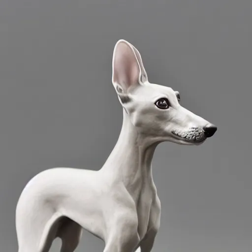 Image similar to porcelain whippet sculpture, pastel colors, depth of field, 8 k, hyper detailed, intricate