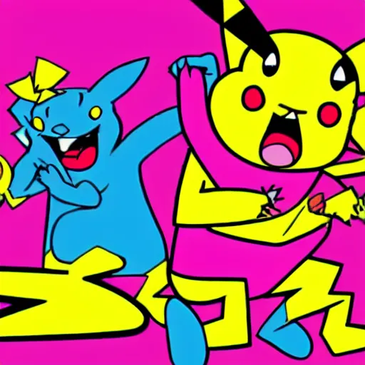 Prompt: the pink panther cartoon fighting pikachu