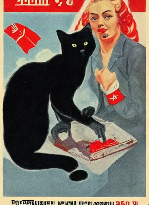 Prompt: russian comunist propaganda of black cat 1 9 4 0