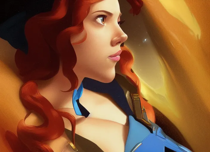 Image similar to a disney film still of scarlett johansson as a star trek officer, finely detailed features, closeup of the face, perfect art, dusk, blue hour, gapmoe yandere grimdark, trending on pixiv fanbox, painted by greg rutkowski, makoto shinkai, takashi takeuchi, alphonse mucha, akihiko yoshida