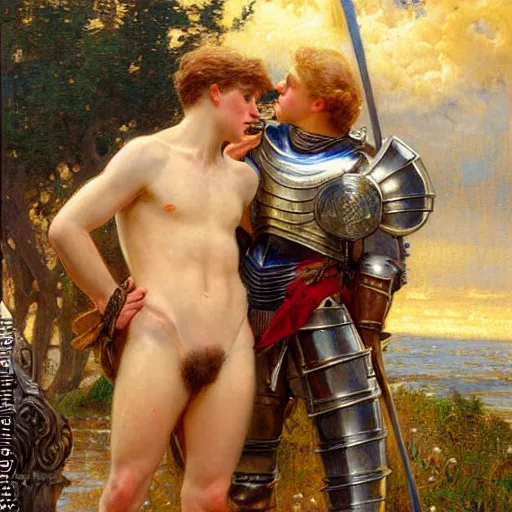 Prompt: attractive arthur pendragon confesses his love for his attractive male knight. highly detailed painting by gaston bussiere and j. c. leyendecker 8 k