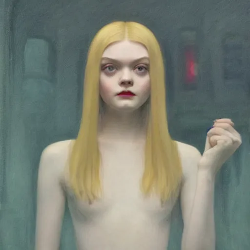 Prompt: vampire Elle Fanning in black robes at night in the world of Edward Hopper, cult, occult, ghosts, extremely detailed masterpiece, oil on canvas, low-key neon lighting, artstation, Blade Runner 2049, Roger Deakin’s cinematography, by J. C. Leyendecker and Peter Paul Rubens,