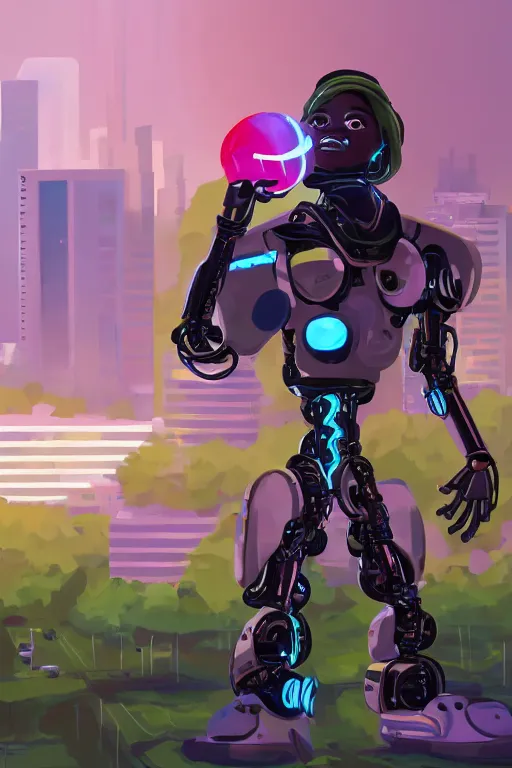 Image similar to a black kid playing with a futuristic robot in the nature, mixing solarpunk, afropunk, cyberpunk, ( ( ( ( volumetric light ) ) ) ), high angle, part by pearl fryar, part by prince damah, sunny day, trending on artstation, cinematic view, illustration, painting.