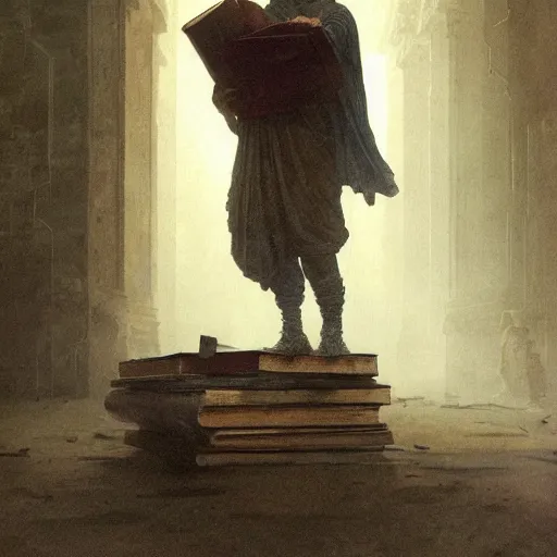 Image similar to half portait of magican wearing a closed cowl and big old book! chained to the wrist, jeremy mann, jean - leon gerome, tiepolo, alphonse mucha, greg rutkowski, face in the shadows, ( ( ruins of ancient rome ) ), at dusk, mysterious atmosphere, sunrays, dof, high detailed, 8 k