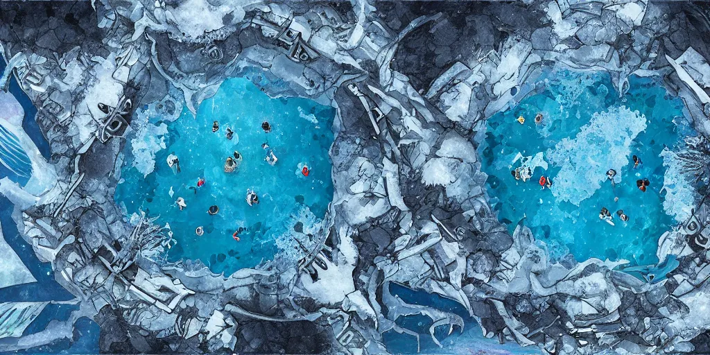 Image similar to a d & d background of a frozen lake with monsters beneath the ice, viewed from above, high quality digital art, gridless, vivid, blue tones, oil painting, trending on arstation, oil painting