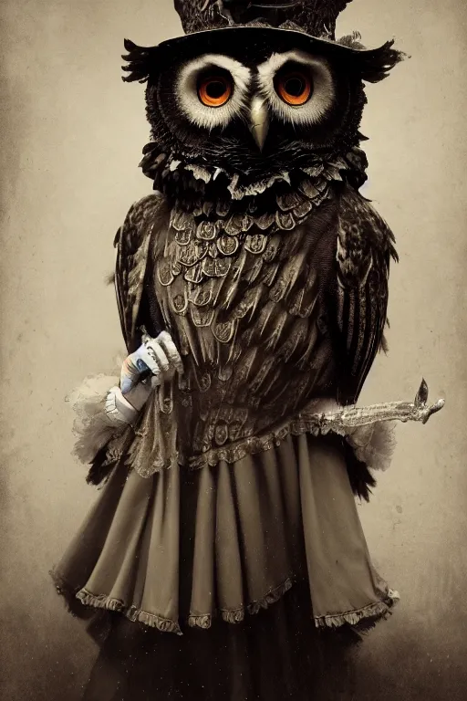 Image similar to wet plate photograph of an anthropomorphic owl dressed in a victorian - era ballgown, dramatic lighting, highly detailed, digital painting, artstation, concept art, smooth, sharp focus, illustration, art by wlop, mars ravelo and greg rutkowski