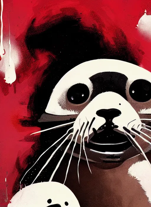 Prompt: highly detailed closeup portrait of a metal album cover with a furry white baby seal in a mosh pit by atey ghailan, by greg rutkowski, by greg tocchini, by james gilleard, by joe fenton, by kaethe butcher, gradient red, black, brown and white color scheme, grunge aesthetic!!! white graffiti tag wall background