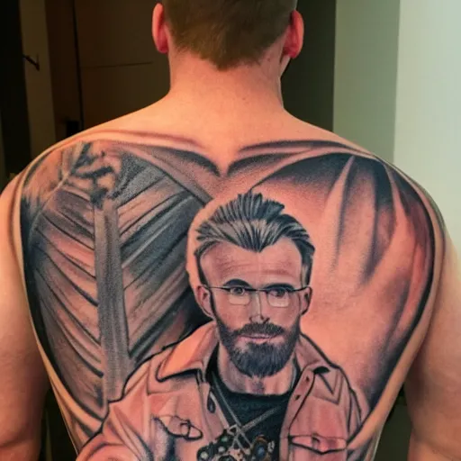 Image similar to a picture of my new back tattoo of chris evans'face by tom of finland