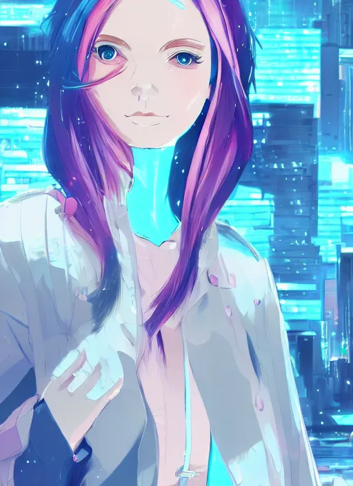 Prompt: woman with pink hair and blue eyes, wearing a white and turquoise colored outfit, cyberpunk city landscape, 4k, anime key visual, lois van baarle, ilya kuvshinov, rossdraws, artstation