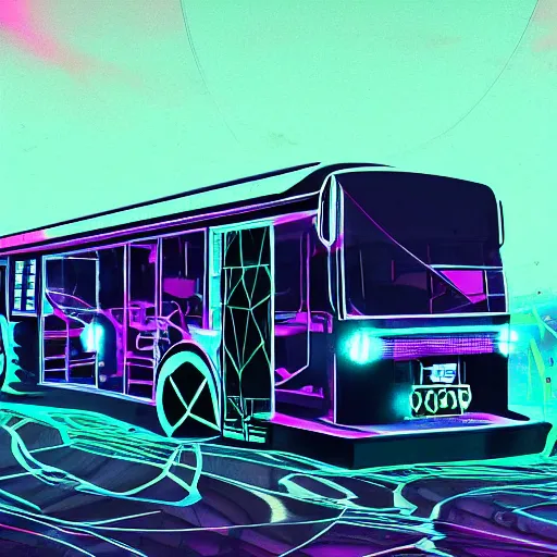 Image similar to an interdimensional travelling bus, cyberpunk aesthetic, abstract, highly - detailed