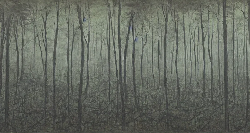 Image similar to A dense and dark enchanted forest with a swamp, by Zeng Fanzhi