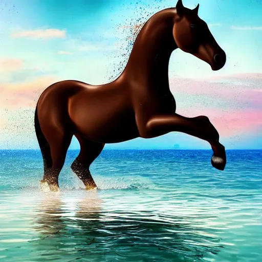 Image similar to horse swimming in the ocean with fork and knife, photorealistic, high detail