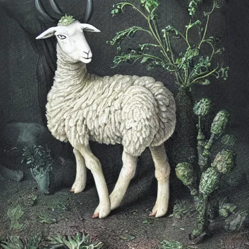 Image similar to the vegetable lamb of tartary, agnus vegetabilis, agnus tartaricus, legendary creature with the body of a lamb attached to a plant stem, cryptid photography, dynamic lighting, ultra detailed