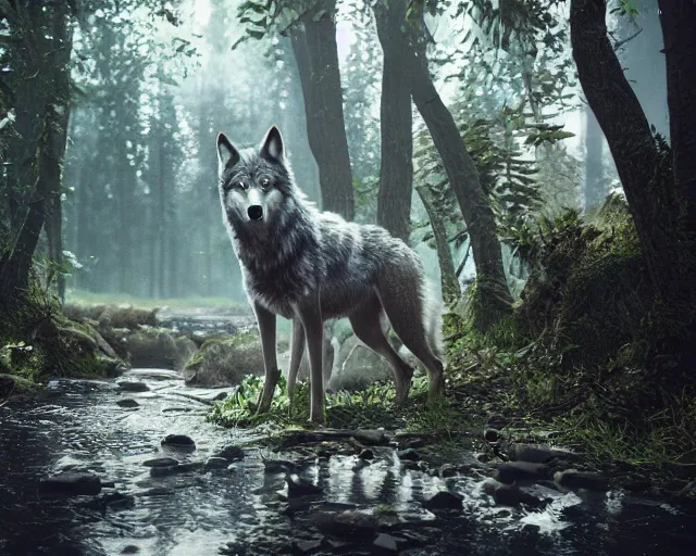 Prompt: a wolf standing on a riverbank in a forest, natural lighting, very coherent, ultra realistic, concept art, intricate details, highly detailed, photorealistic, octane render, 8 k, unreal engine