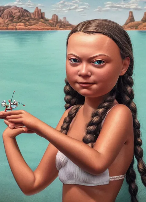 Image similar to closeup profile portrait of tin toy greta thunberg wearing a bikini, depth of field, zeiss lens, detailed, symmetrical, centered, fashion photoshoot, by nicoletta ceccoli, mark ryden, lostfish, breathtaking, 8 k resolution, extremely detailed, beautiful, establishing shot, artistic, hyperrealistic, octane render