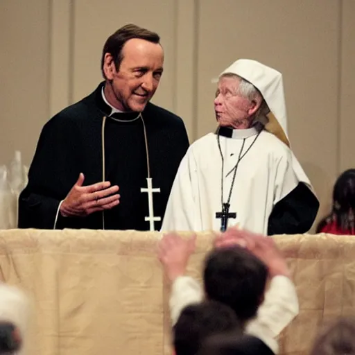 Image similar to kevin spacey dressed up as a catholic priest, giving out communion to a small old woman,