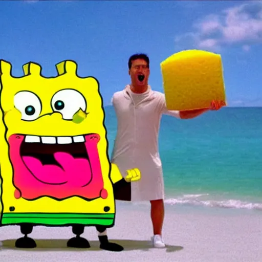 Prompt: real - life sponge bob in a pop music video