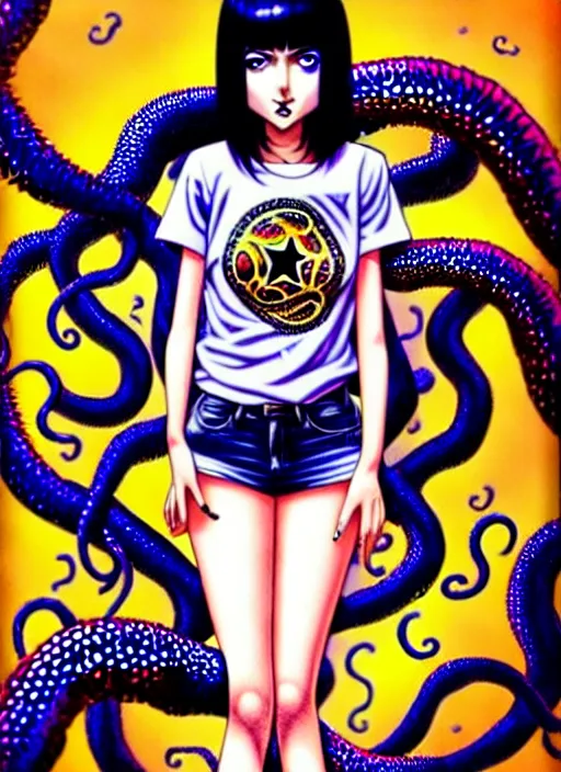 Image similar to richly detailed colored pencil 3D illustration of a beautiful woman with silky straight black hair with iridescence wearing a Nirvana band Tshirt and short black shorts, she staring at the camera happily while being surrounded by slimy tentacles, art by Range Murata and Artgerm.