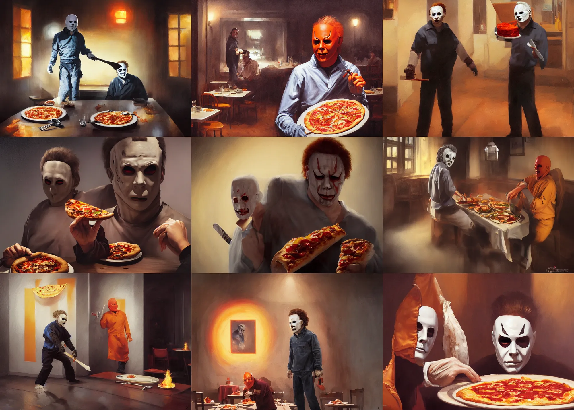 Prompt: painting of Michael Myers in a traditional Italian restaurant eating a tasty wonderful delicious pizza, sunny, happy, sharp focus, wide shot, trending on ArtStation, masterpiece, by Greg Rutkowski, by Ross Tran, by Fenghua Zhong, octane, soft render, oil on canvas, colorful, cinematic, environmental concept art