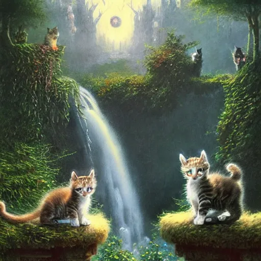 Image similar to two kittens in the enchanted forest stand on the steps and watch the waterfall, fantasy, intricate, extremely detailed, face enhance, matte, featured in artstation, art by louis wain, greg rutkowski