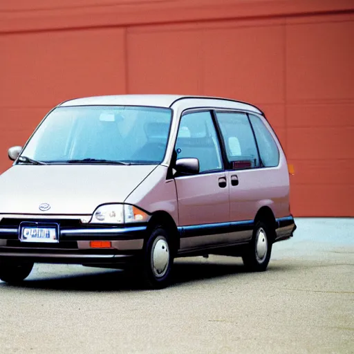 Prompt: very round 1990s Toyota Previa, 70mm flash photography