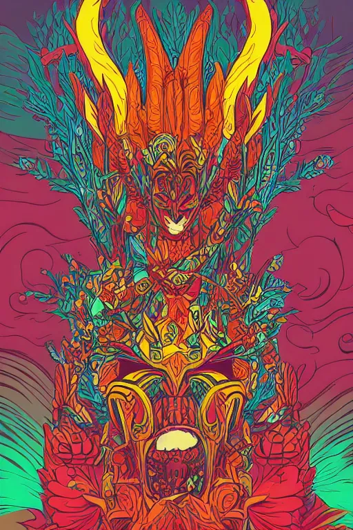 Image similar to animal mask totem roots flower tribal feather gemstone plant wood rock shaman vodoo video game vector cutout illustration vivid multicolor borderlands comics by josan gonzales and dan mumford radiating a glowing aura