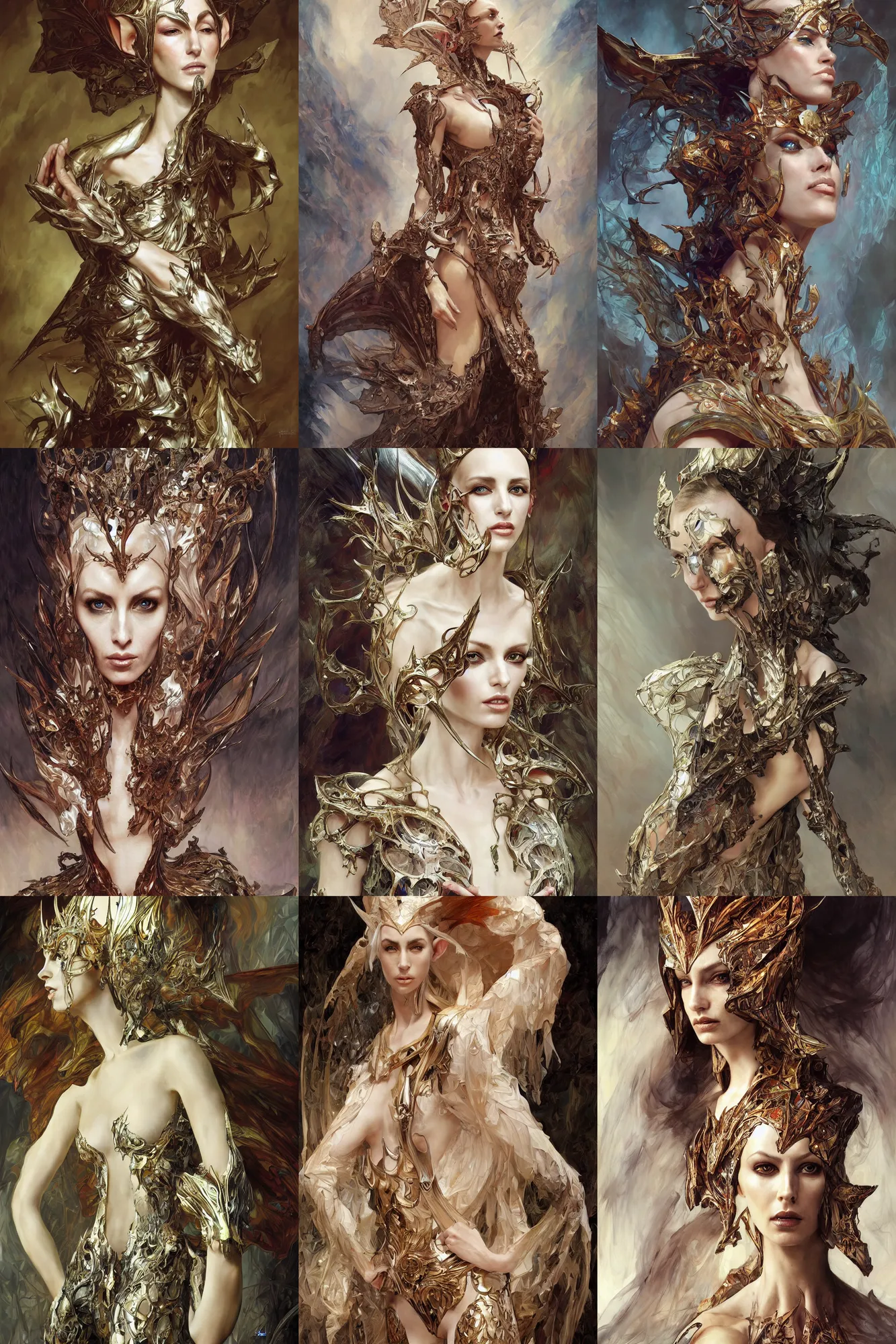 Image similar to Frightening and beautiful High elf queen wearing high fashion from Alexander McQueen and Iris Van Herpen, hyperrealistic masterpiece painted by Jaime Jones, Craig Mullins, Artgerm and Alphonse Mucha