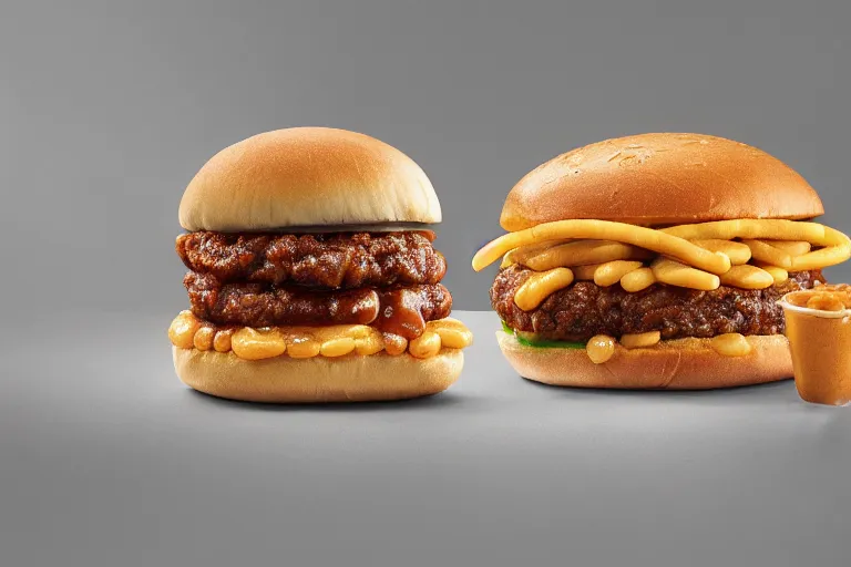 Prompt: mcdonalds baked beans burger, ( ( ( ( patty ) ) ) ), commercial photograph