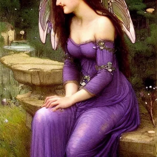 Prompt: very very very beautiful tiny fairy woman in her 20s with fairy wings wearing skintight purple dress, making eye contact, smiling, flirty, perfect body, perfect face, drawn by john william waterhouse