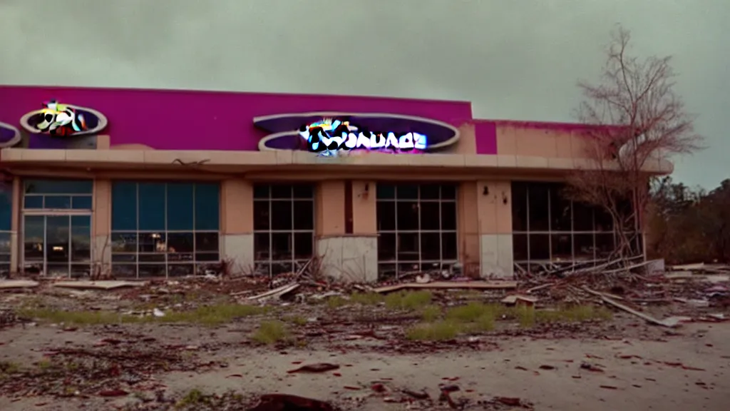 Prompt: Beautiful Kodachrome 35mm footage of a 90s Taco Bell restaurant abandoned apocalypse with nature reclaiming overgrowth, atmospheric, volumetric lighting, 4k-s 100