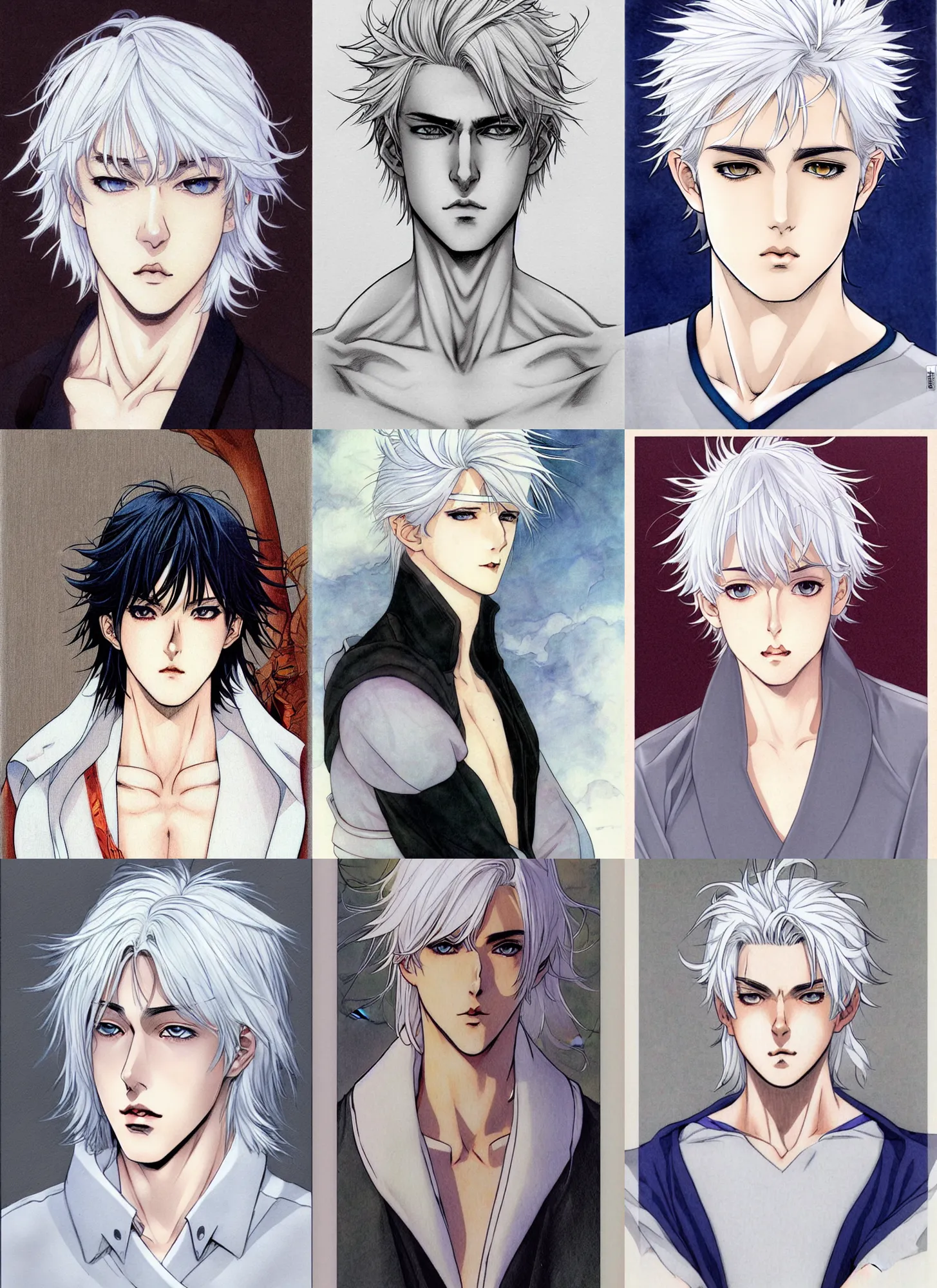 Prompt: young teen bishonen male white haired prince! milo manara, french comic art, semi - realistic anime, portrait, beautiful face, symmetrical face, trending on pixiv, detailed, clean lines, sharp lines, crisp lines, award winning illustration, masterpiece, 4 k