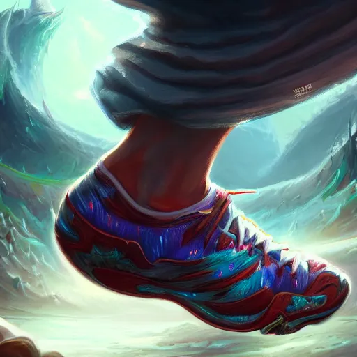 Image similar to painted sneakers, fantasy, intricate, elegant, highly detailed, digital painting, artstation, concept art, smooth, sharp focus, illustration, art by riot games - 1 0 2 4